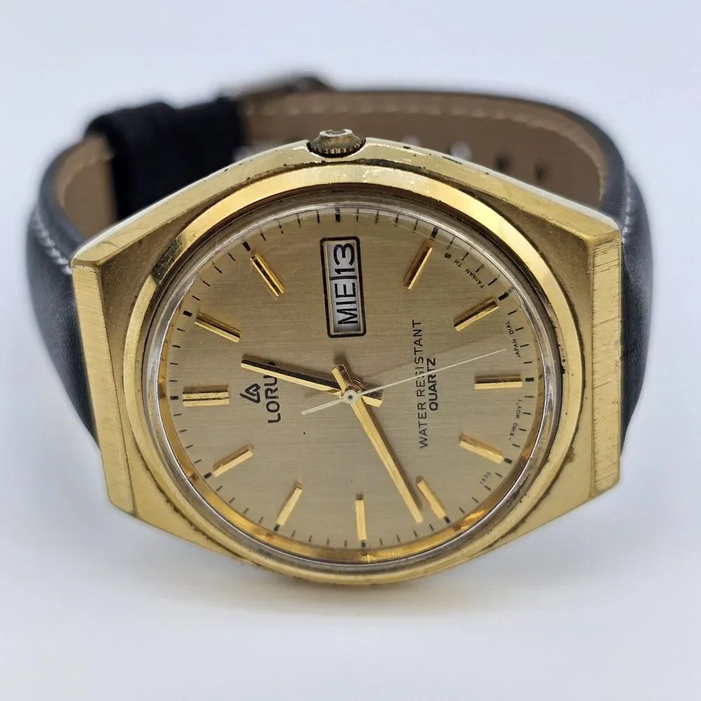 VTG Lorus Men's Watch 36MM Gold Dial DayDate New Black Leather Bands New Battery